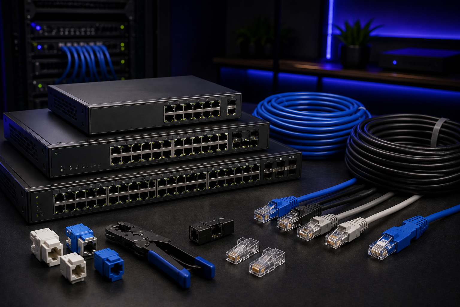 Switches, cabos e infraestrutura de rede organizada